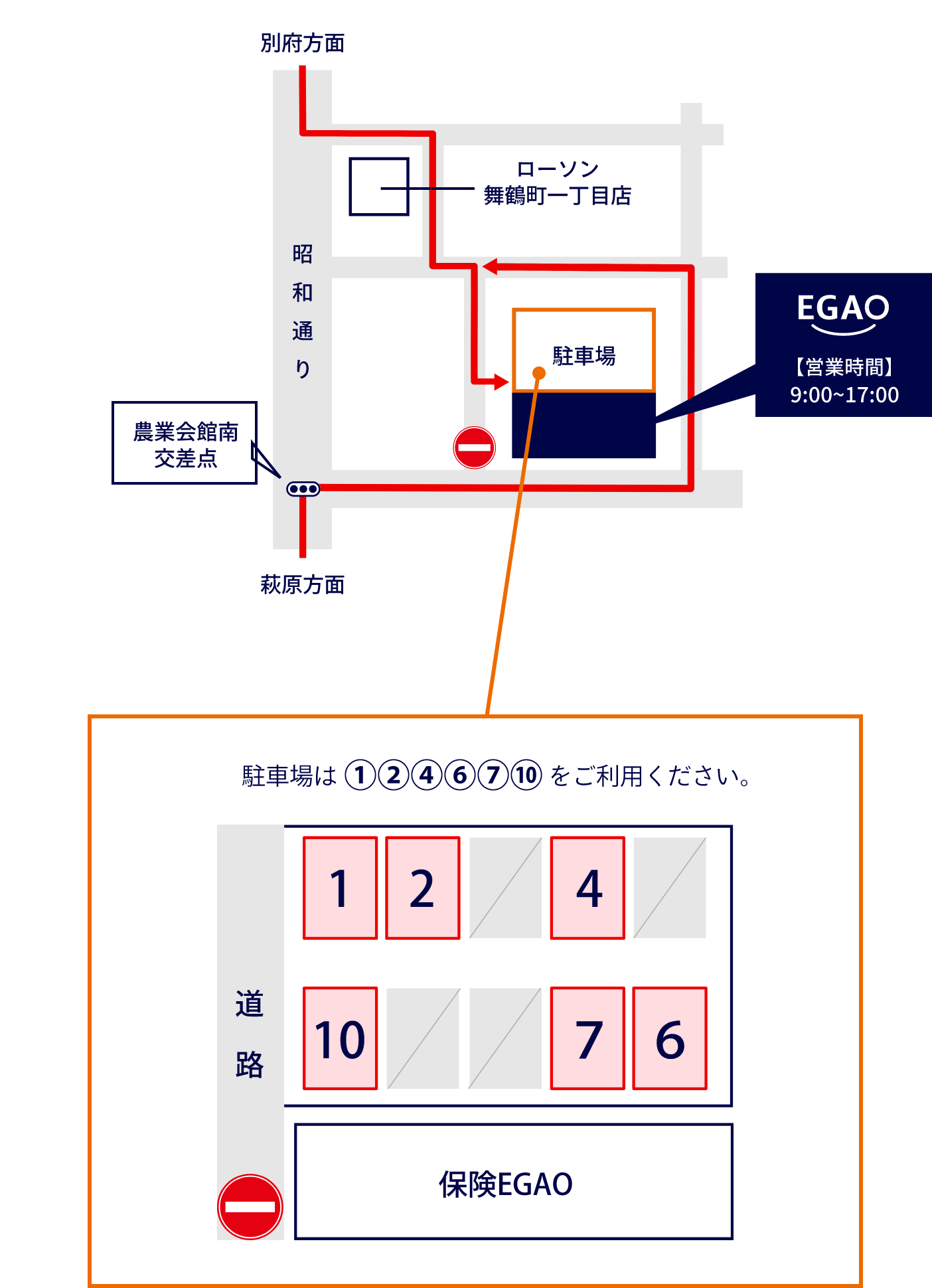 駐車場は②④⑥⑦⑩をご利用ください。